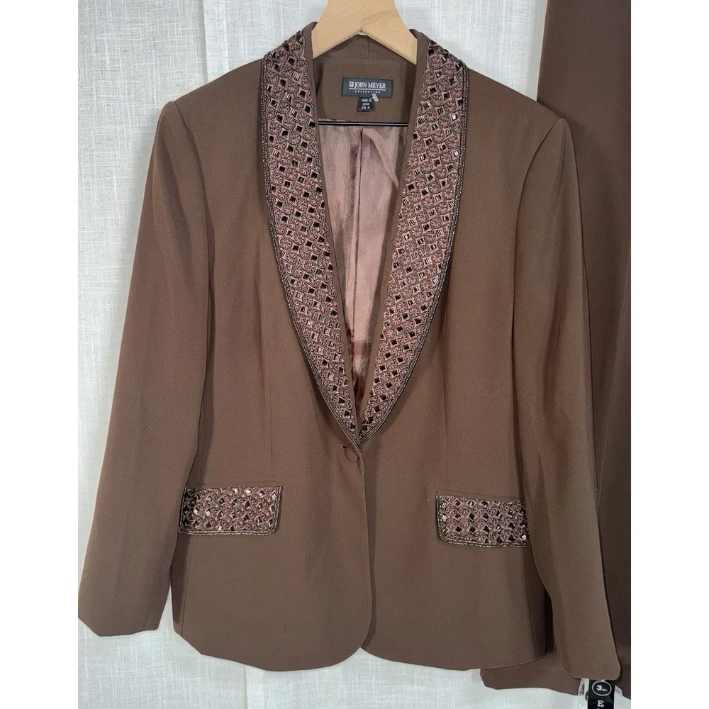 NEW JOHN MEYER Collection Women's‎ Suit Sz 18 Blazer Pants Brown Trousers Beaded